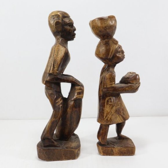 2 Vintage Primitive Figurines African Wood Carving Women Basket Tribal Folk Art - Picture 10 of 14